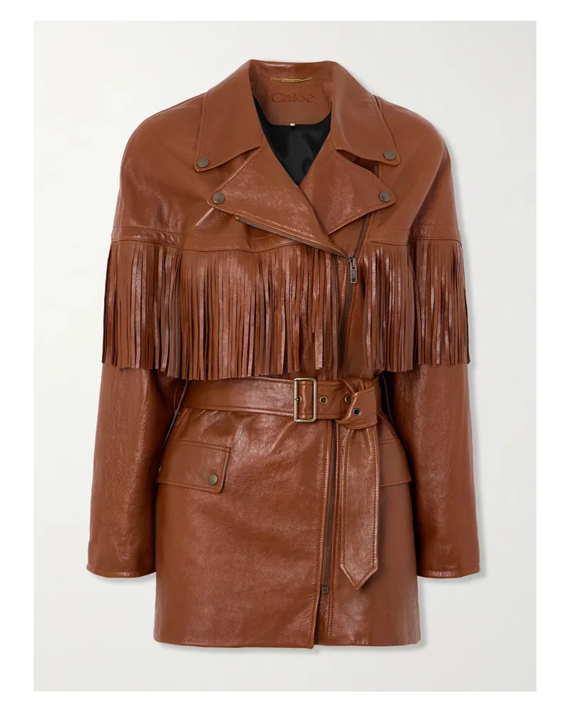 Chloé Lederjacke Mit Fransen Und Gürtel - Braun Braun