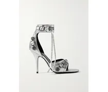 Cagole Embellished Metallic Crinkled-leather Sandals - Silver