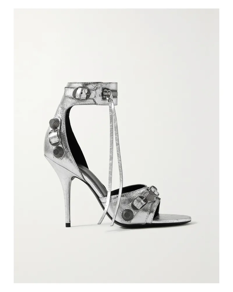 Balenciaga Cagole Embellished Metallic Crinkled-leather Sandals - Silver Silver