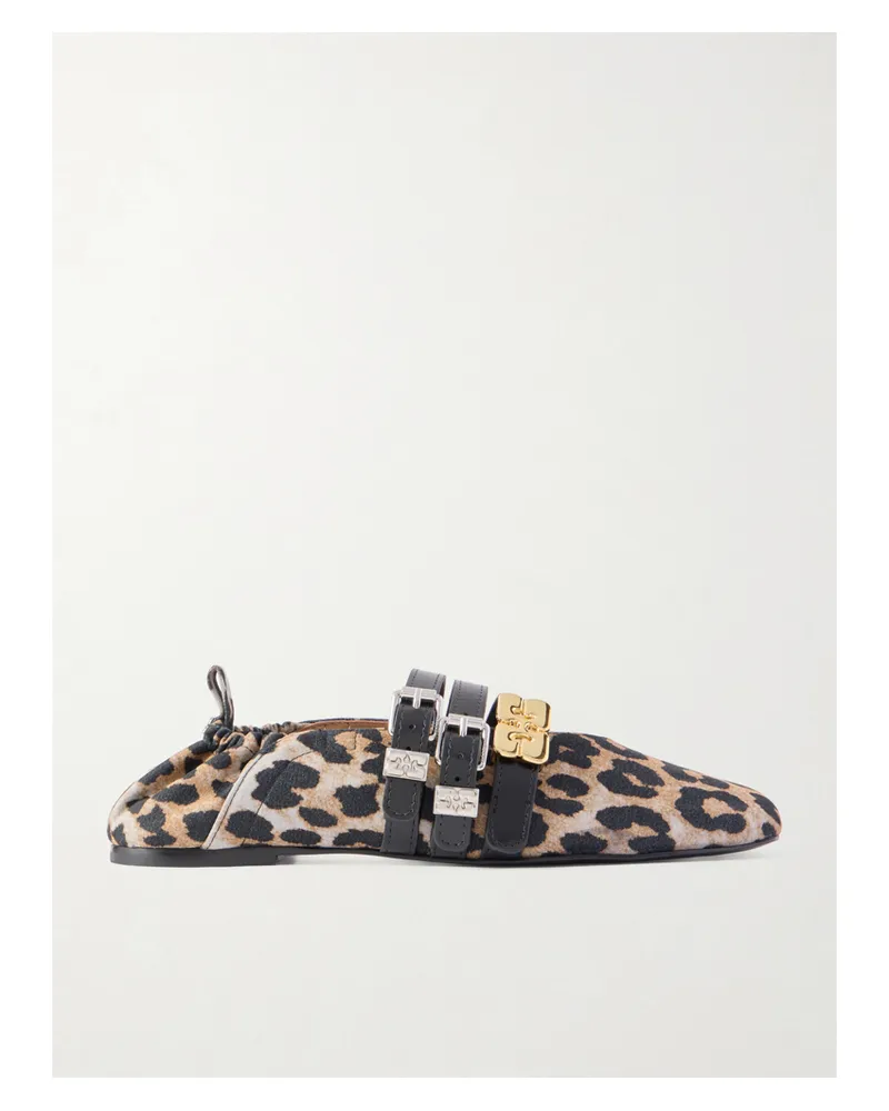 Ganni Sue Triple Flache Schuhe Aus Beflocktem Denim Mit Leopardenprint Und Verzierung - Animal-Print Animal-print