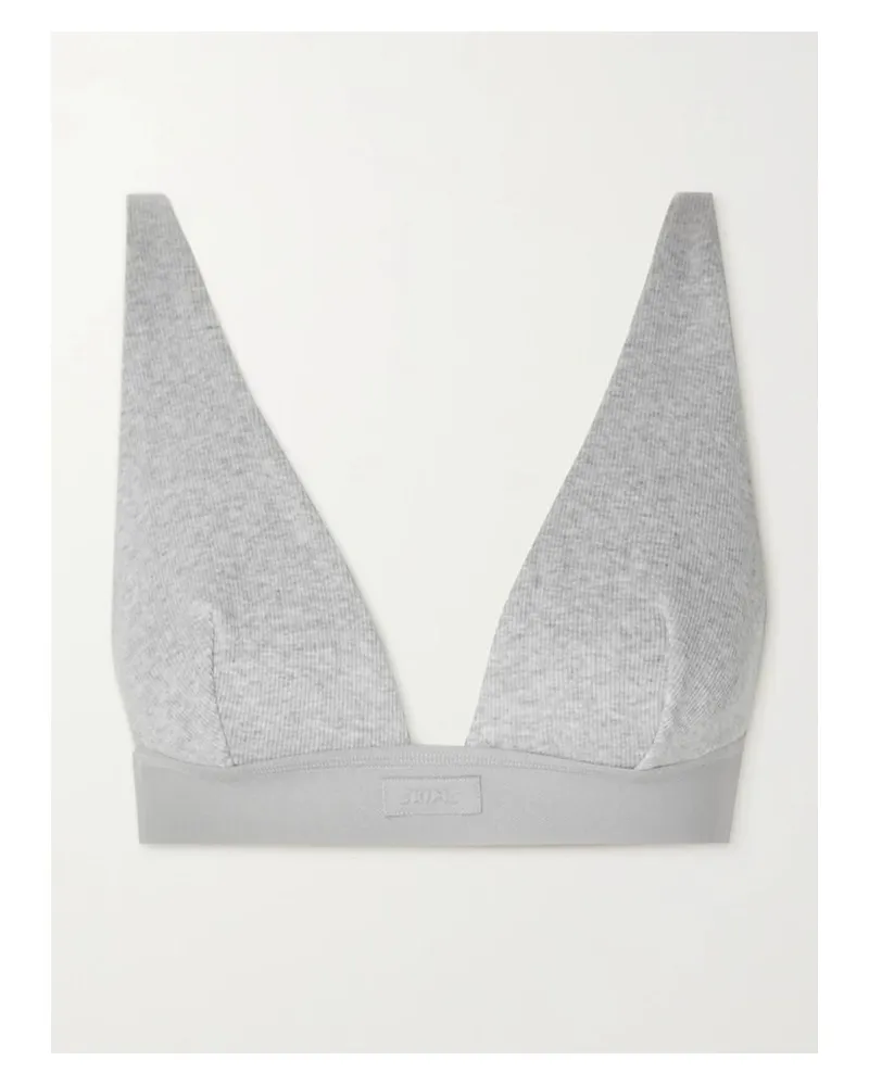 SKIMS Cotton Plunge Bralette – Light Heather Grey – Bustier Aus Geripptem Jersey Aus Einer Baumwollmischung - Grau Grau