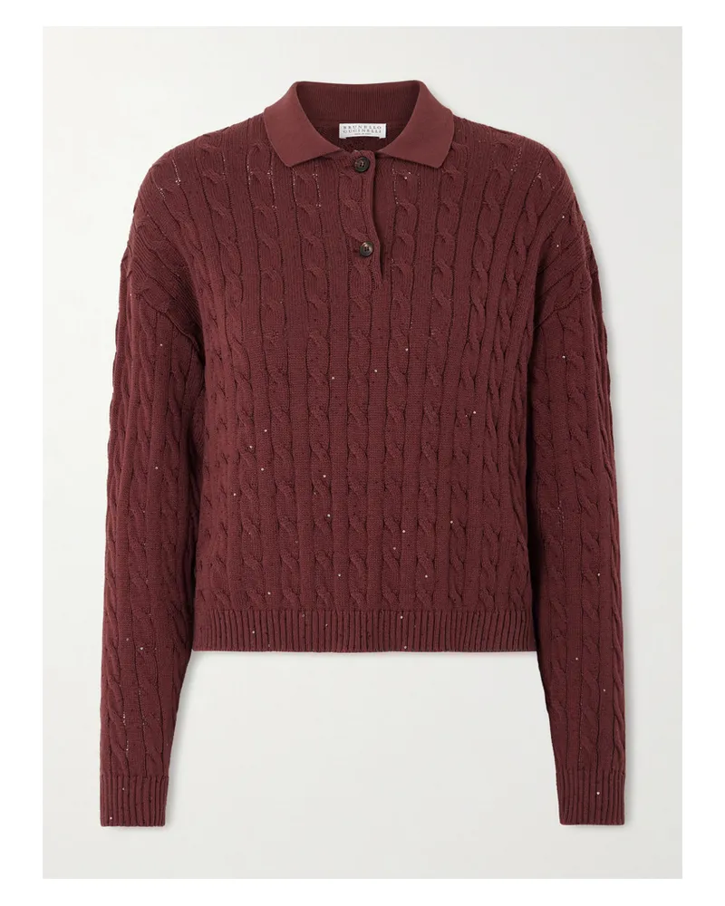 Brunello Cucinelli Zopfstrickpullover Aus Einer Baumwollmischung Mit Pailletten - Burgunder Burgunder