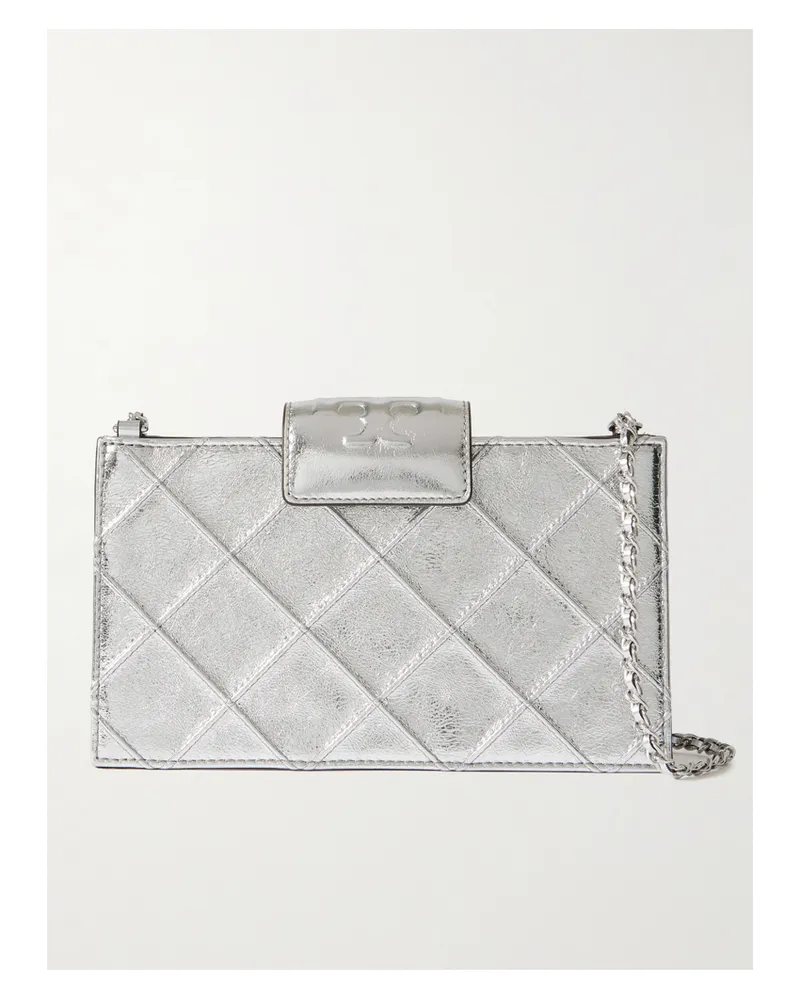 Tory Burch Fleming Mini Quilted Metallic Leather Shoulder Bag - Silver Silver