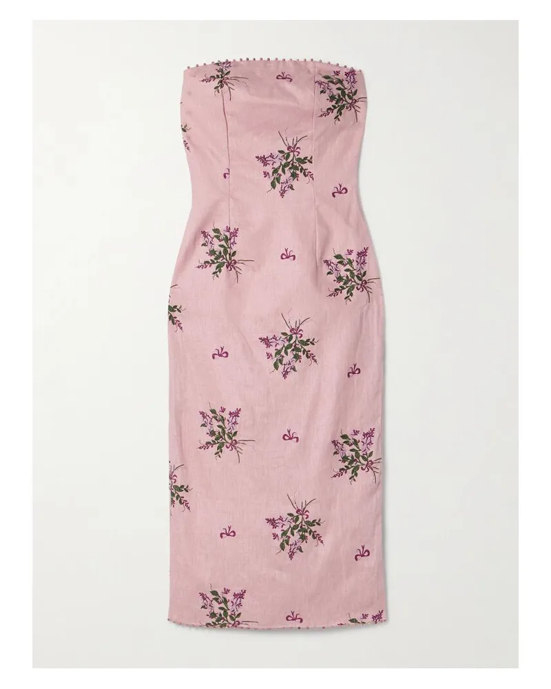 AGUA BENDITA Armonía Wisteria Trägerloses Midikleid Aus Leinen Mit Stickereien Und Zierperlen - Pink Pink