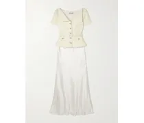 Maxikleid Aus Bouclé Und Satin Mit Verzierungen Und Gürtel - Creme