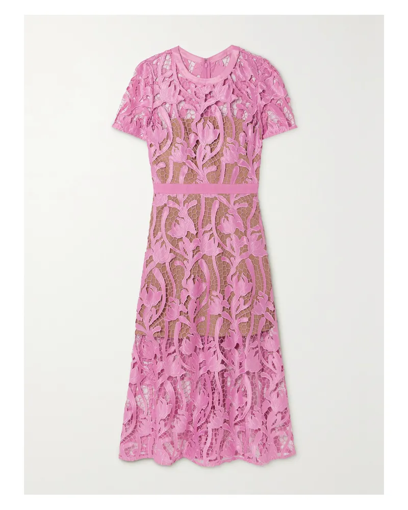 Self-Portrait Midikleid Aus Satin Und Guipure-spitze Mit Stickereien Und Ripsbandbesatz - Pink Pink