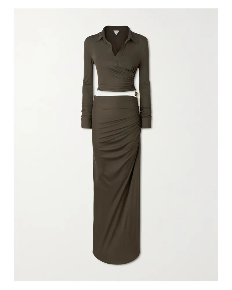 Bottega Veneta Embellished Cutout Ruched Stretch-jersey Maxi Dress - Brown Brown