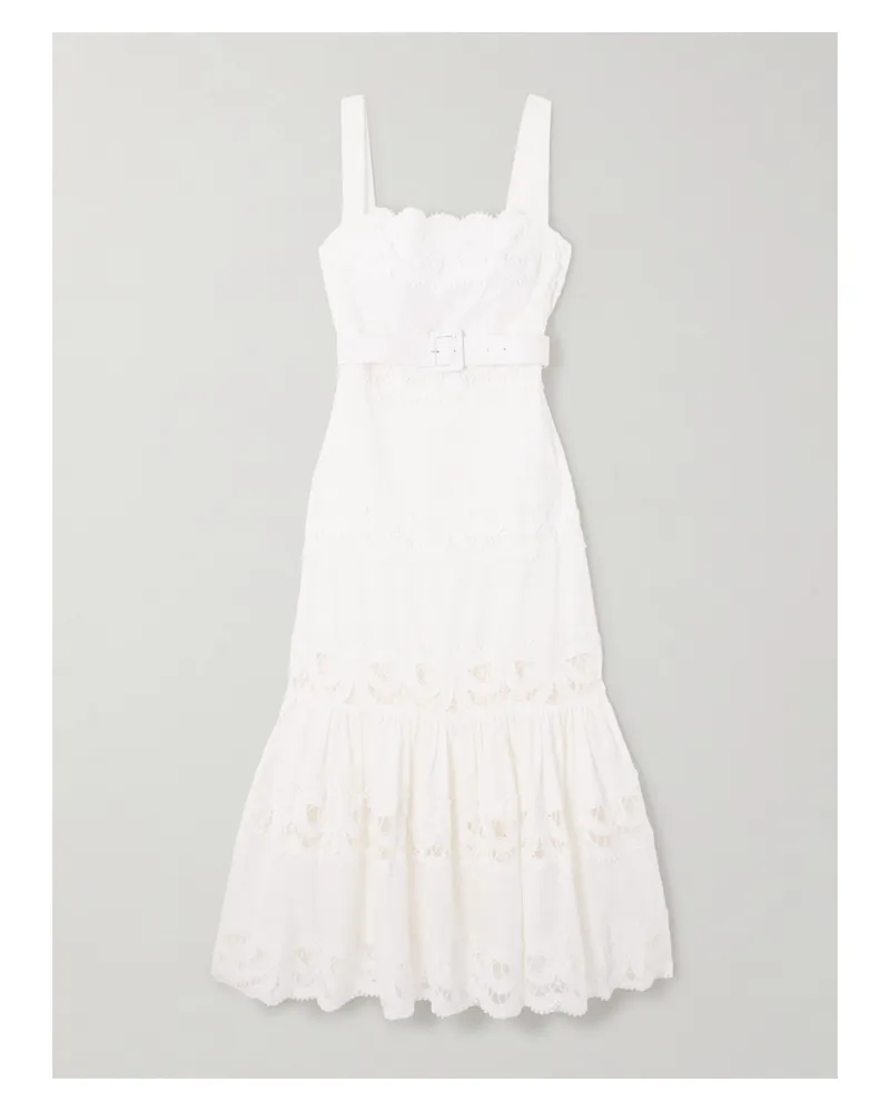 Self-Portrait Midikleid Aus Einer Leinen-baumwollmischung Und Guipure-spitze Mit Gürtel - Weiß Weiß