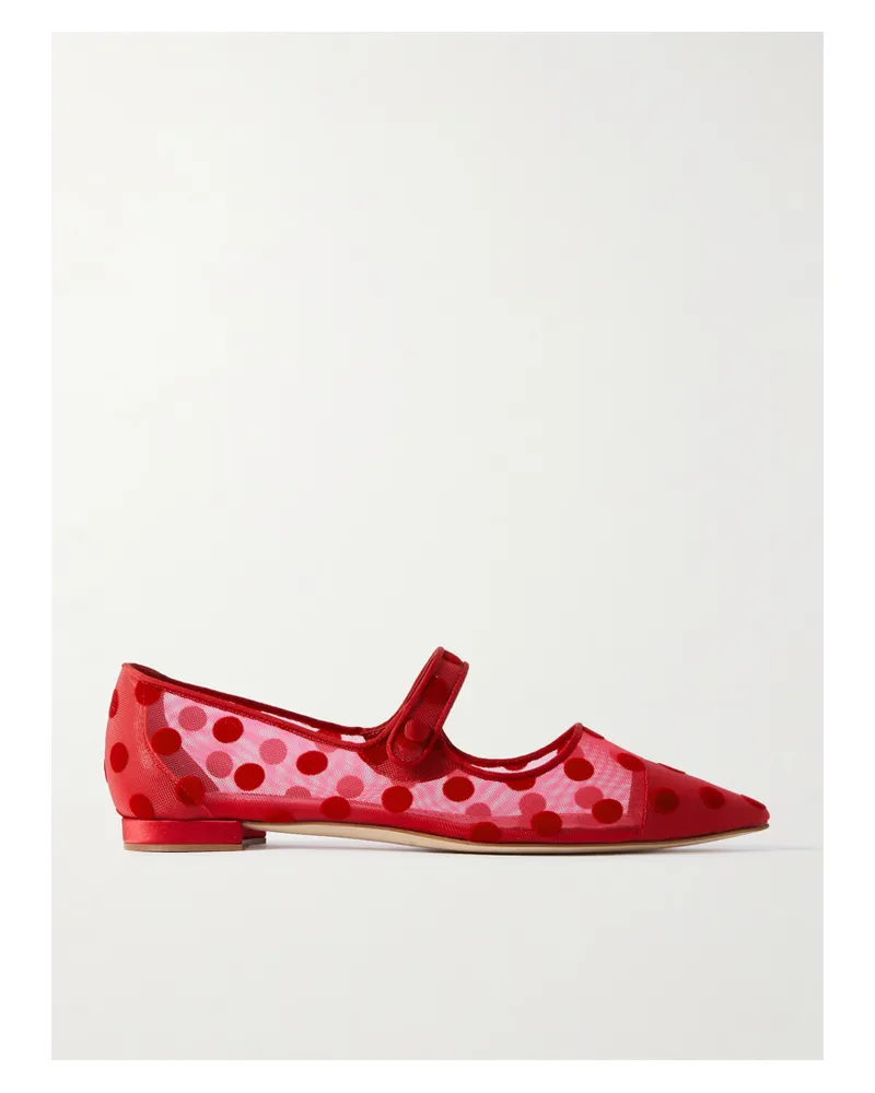 Manolo Blahnik Campari Mary-jane-ballerinas Aus Mesh Mit Flockprint Und Ripsbandbesätzen - Rot Rot