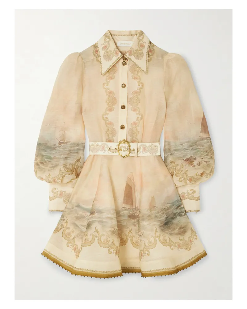 Zimmermann Rebellion Bead-embellished Belted Printed Linen And Silk-blend Mini Dress - Neutrals Neutrals