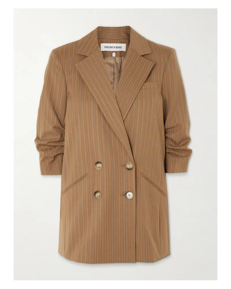 Veronica Beard Rupert Dickey Double-breasted Ruched Pinstriped Woven Blazer - Neutrals Neutrals