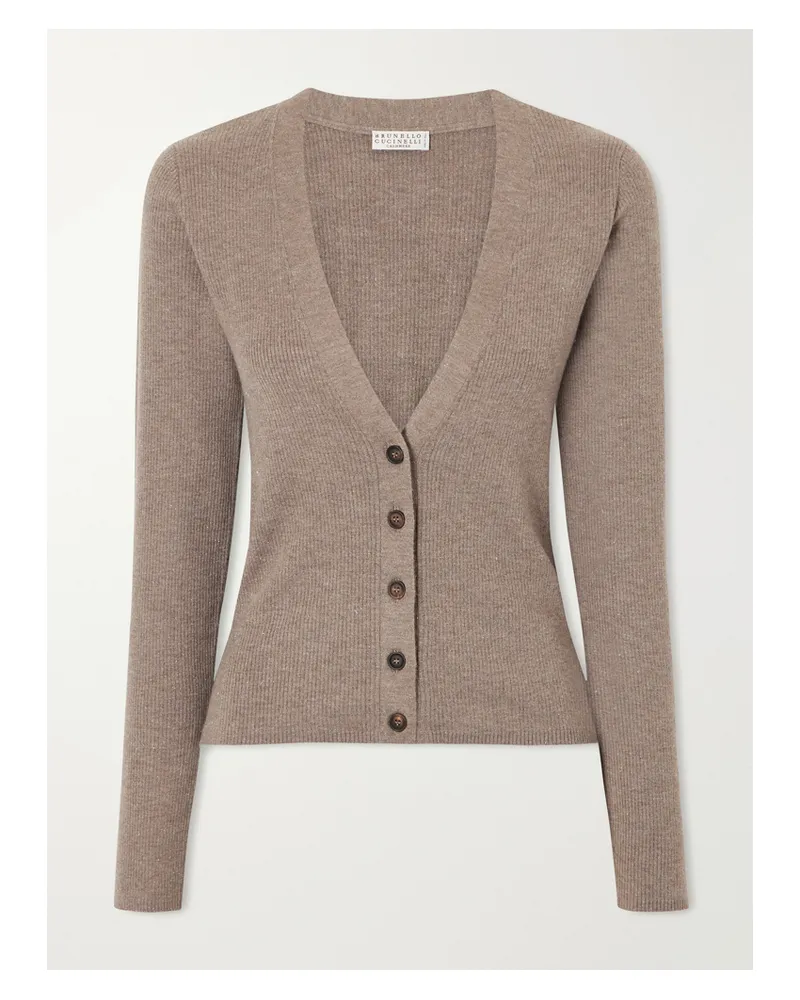 Brunello Cucinelli Metallic Ribbed-knit Cardigan - Brown Brown