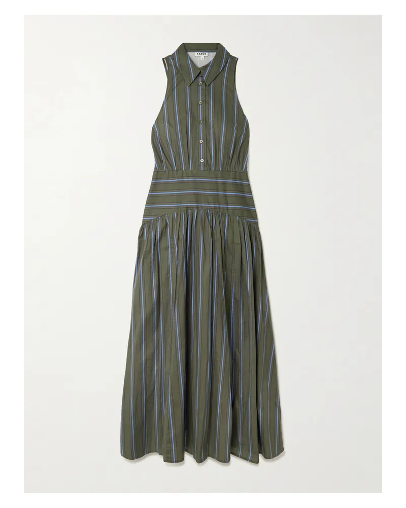 STAUD Romy Striped Pleated Cotton-blend Shirt Dress - Gray Gray