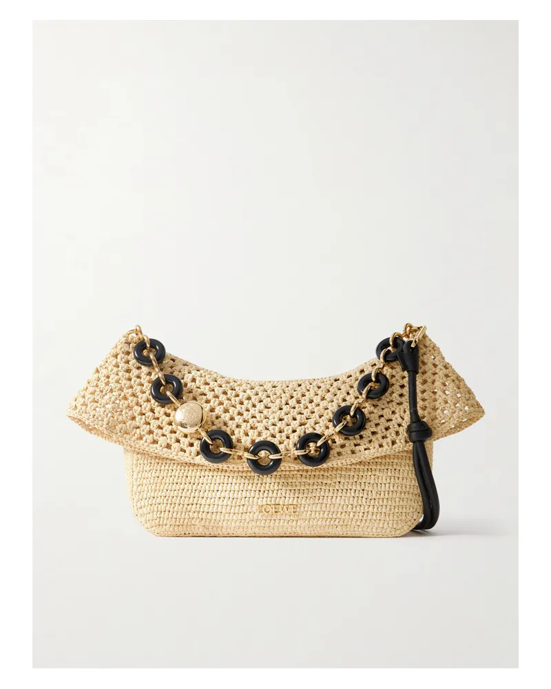 Loewe Paula's Ibiza Ola Embellished Leather-trimmed Raffia Shoulder Bag - Neutrals Neutrals