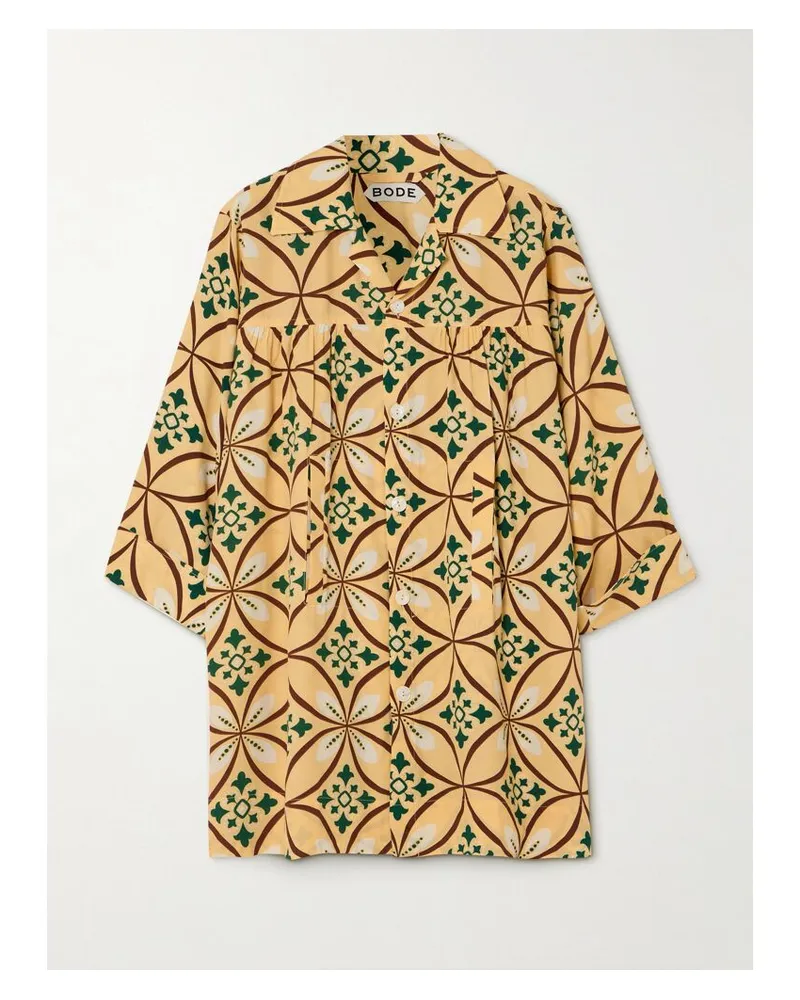 BODE Greer Quincy Mini-hemdblusenkleid Aus Bedrucktem Crêpe Mit Raffungen - Gelb Gelb