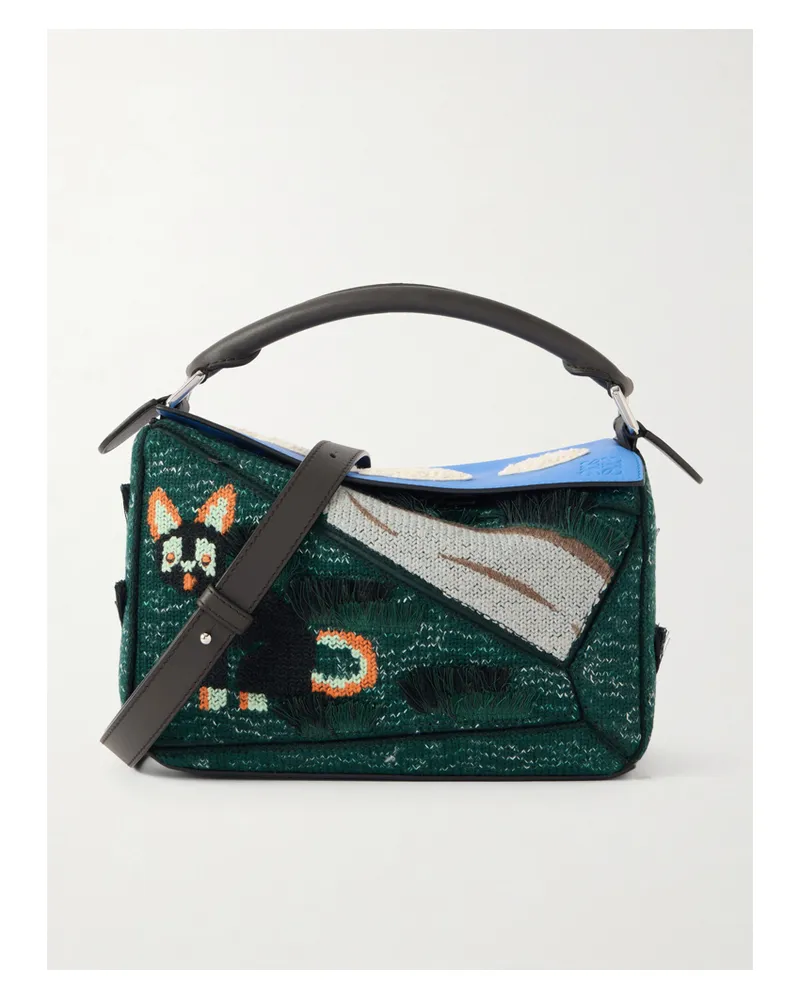 Loewe Luis Wain Puzzle Futurist Cat Appliquéd Leather And Knitted Shoulder Bag - Green Green