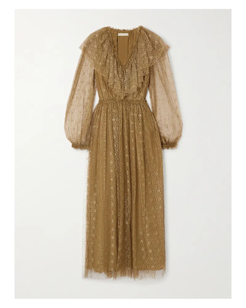 Ulla Johnson Helena Midikleid Aus Metallic-spitze Mit Volant - Gold Gold