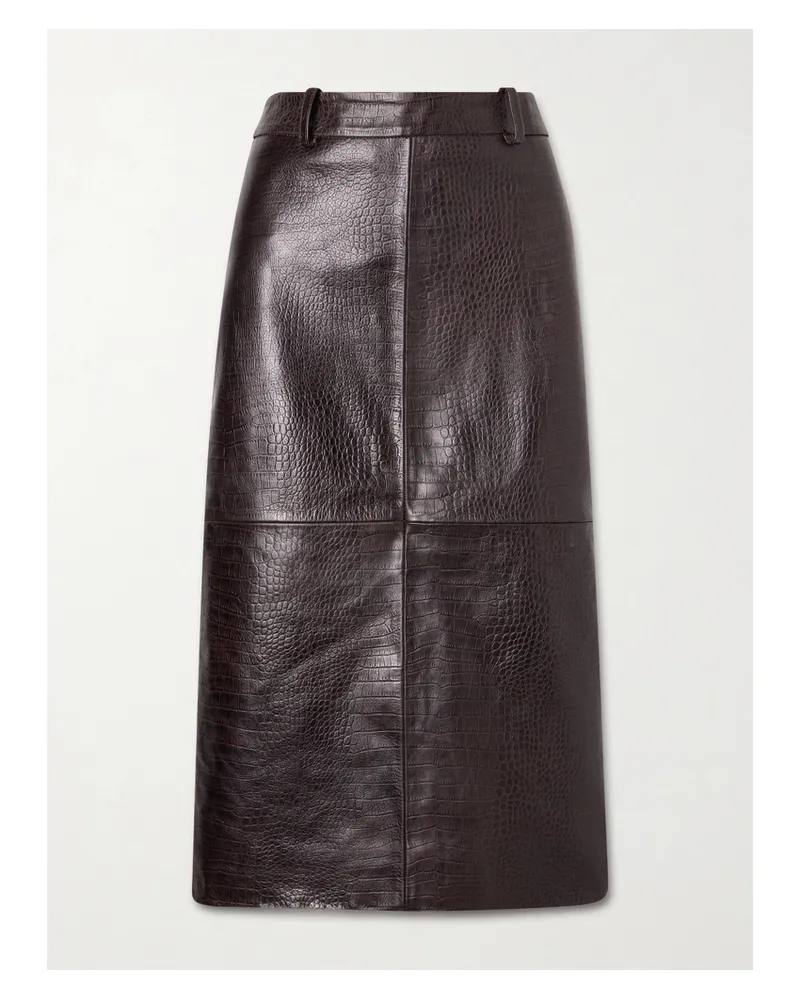 FRANKIE Shop Taney Paneled Croc-effect Leather Midi Skirt - Brown Brown