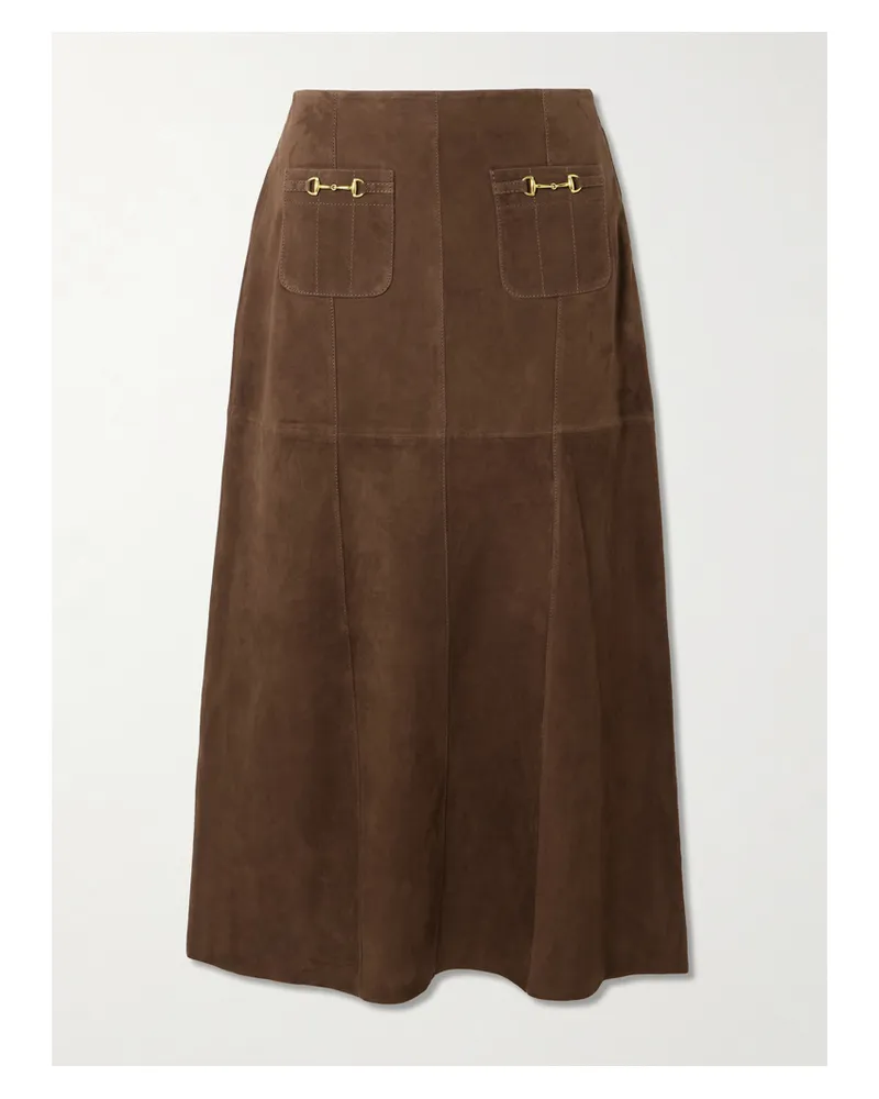 RIXO Edwina Embellished Paneled Suede Midi Skirt - Brown Brown