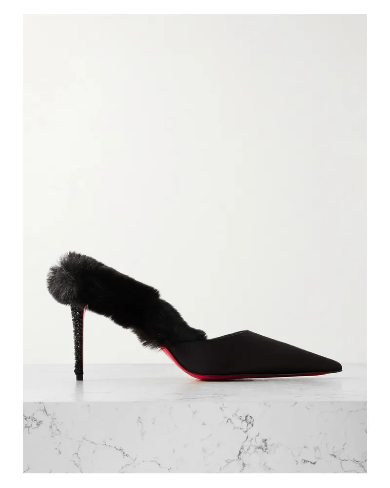 Christian Louboutin Mules Aus Satin Mit Besatz Aus Plüschmaterial - Schwarz Schwarz
