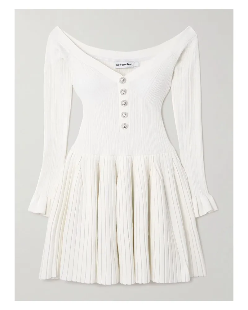 Self-Portrait Schulterfreies Minikleid Aus Rippstrick Mit Falten - Weiß Weiß