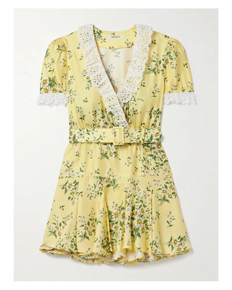 Rodarte Minikleid Aus Seiden-twill Mit Blumenprint, Besätzen Aus Baumwolle Mit Lochstickerei Und Gürtel - Gelb Gelb