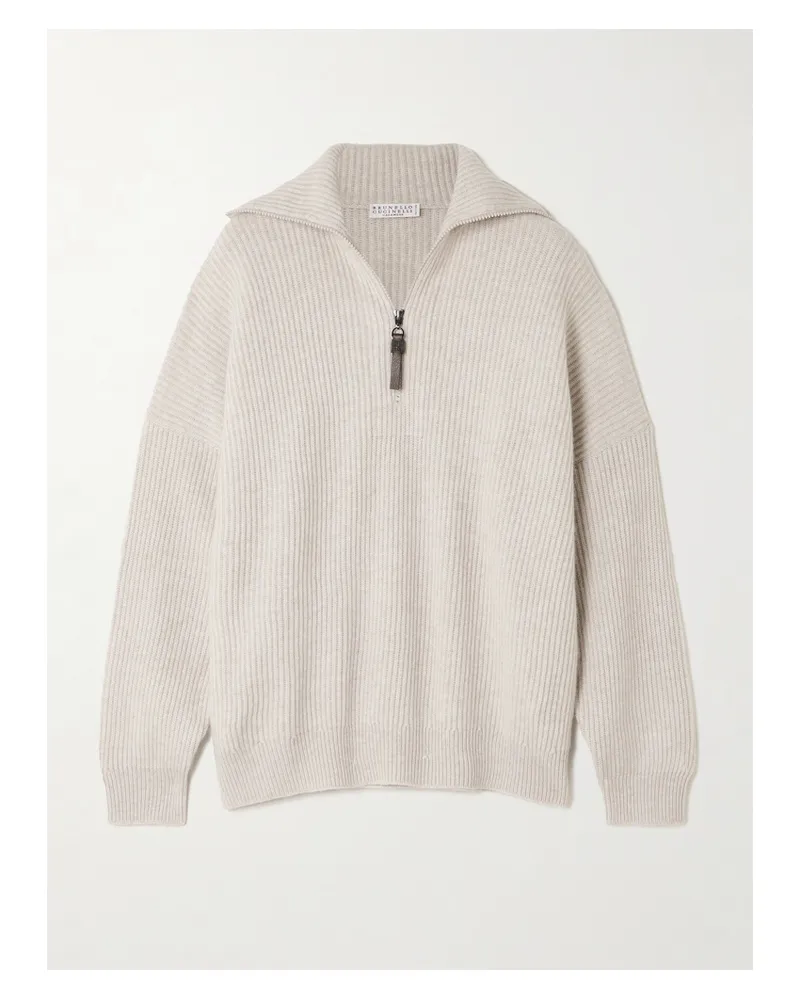Brunello Cucinelli Rippstrickpullover Aus Kaschmir Mit Zierperlen Und Kurzem Reißverschluss - Neutral Neutral