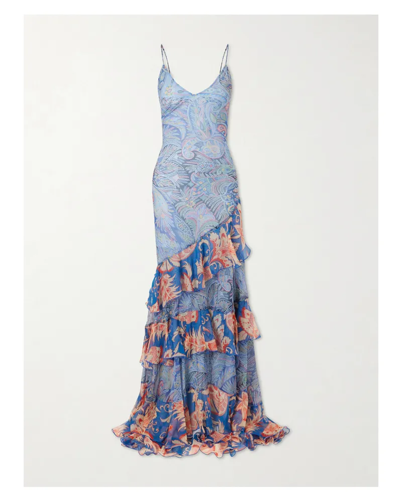 Etro Ruffles Tiered Paisley And Floral-print Silk-chiffon Maxi Dress - Blue Blue