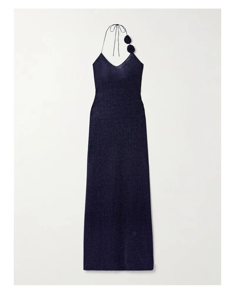 Oséree Lumière Neckholder-maxikleid Aus Stretch-strick In Metallic-optik Mit Applikationen - Blau Blau