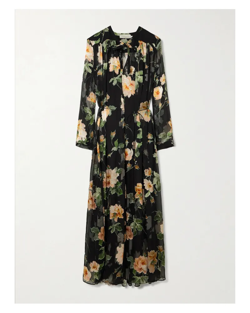 Zimmermann Luna Belted Gathered Floral-print Devoré-chiffon Midi Dress - Black Black