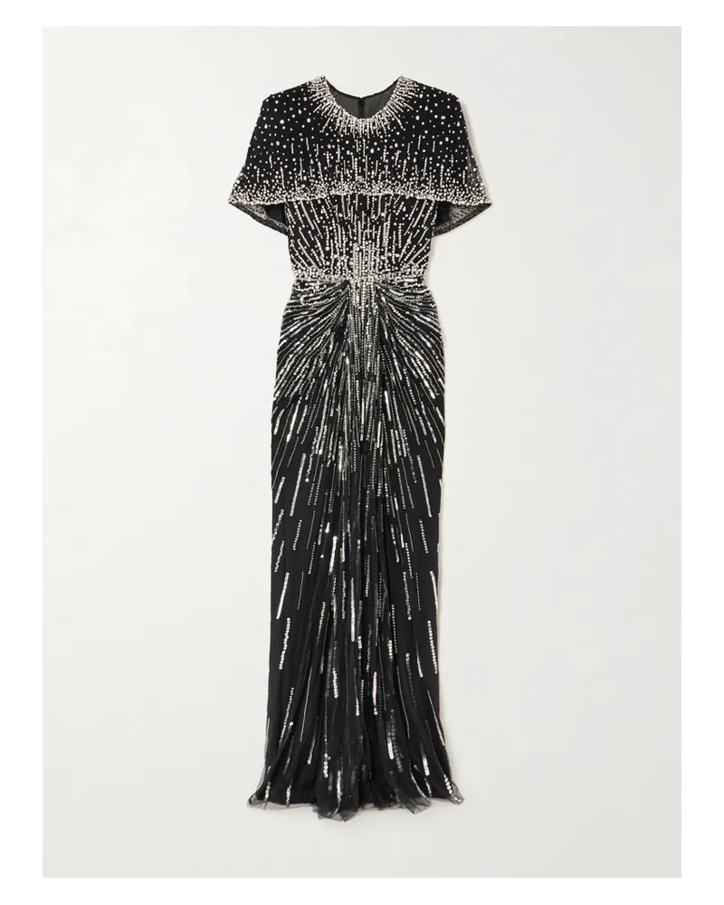 Jenny Packham Dido Cape-effect Embellished Draped Tulle Gown - Black Black