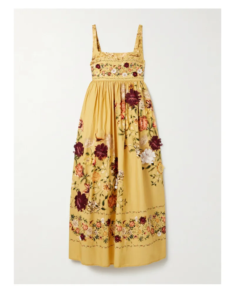 AGUA BENDITA Barbara Paramo Midikleid Aus Baumwollpopeline Mit Blumenprint, Applikationen Und Falten - Gelb Gelb