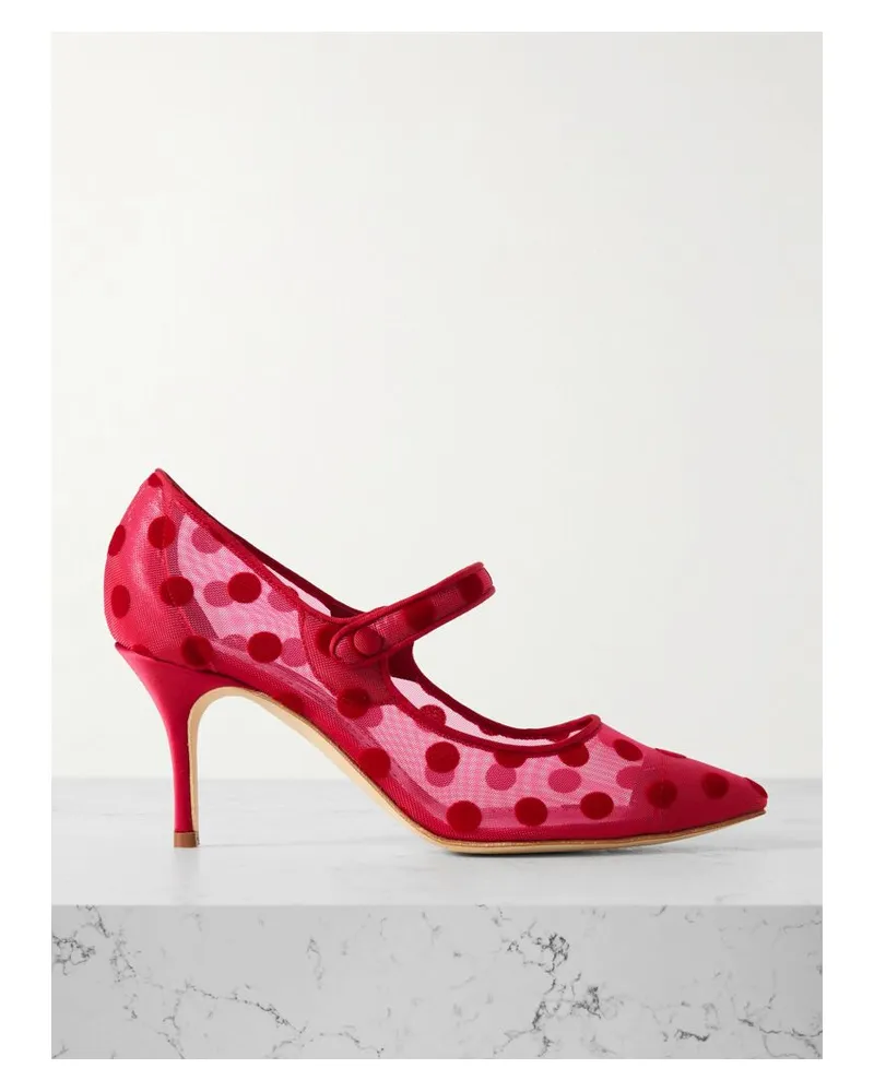 Manolo Blahnik Campari 70 Mary-jane-pumps Aus Mesh Mit Ripsbandbesätzen And Flockprint - Rot Rot