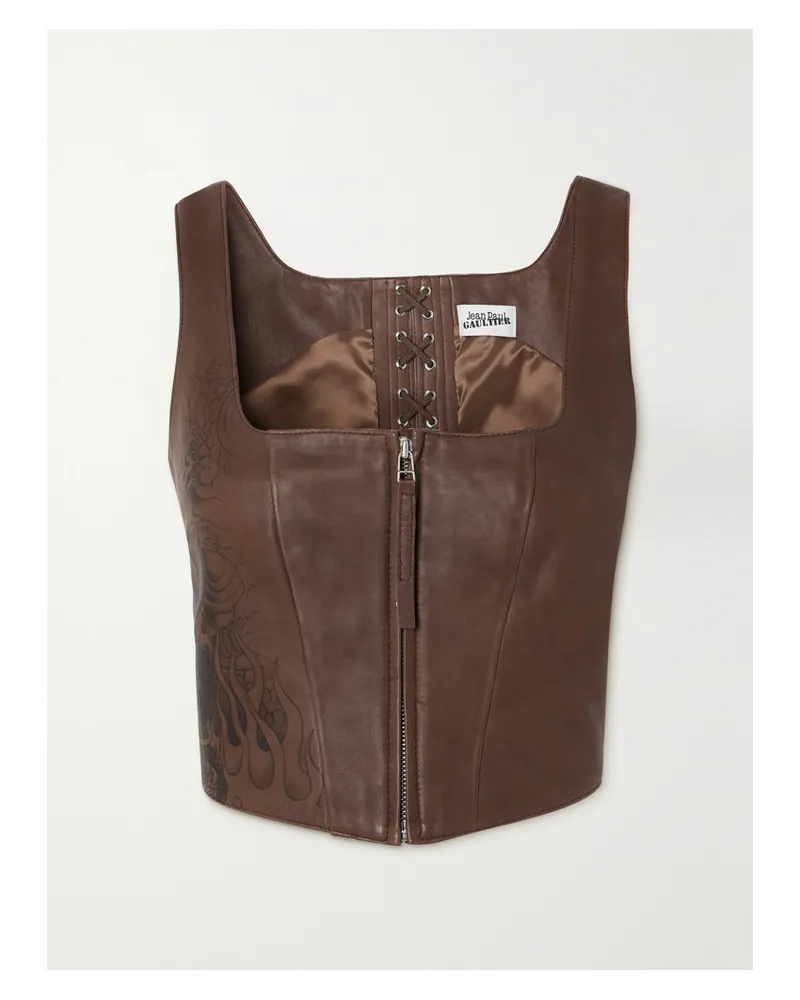 Jean Paul Gaultier Verkürztes Bustier Aus Leder Mit Print Und Schnürung - Braun Braun