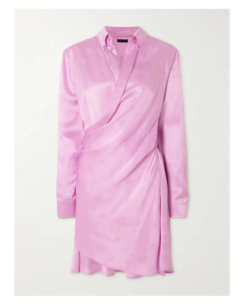 Balenciaga Mini-wickelkleid Aus Seide Mit Jacquard-logomuster Und Falten - Pink Pink