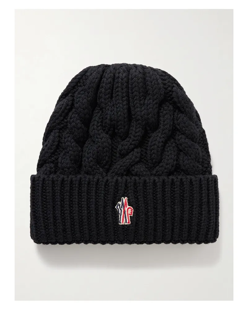 Moncler Beanie Aus Wolle In Zopfstrick Mit Applikation - Schwarz Schwarz