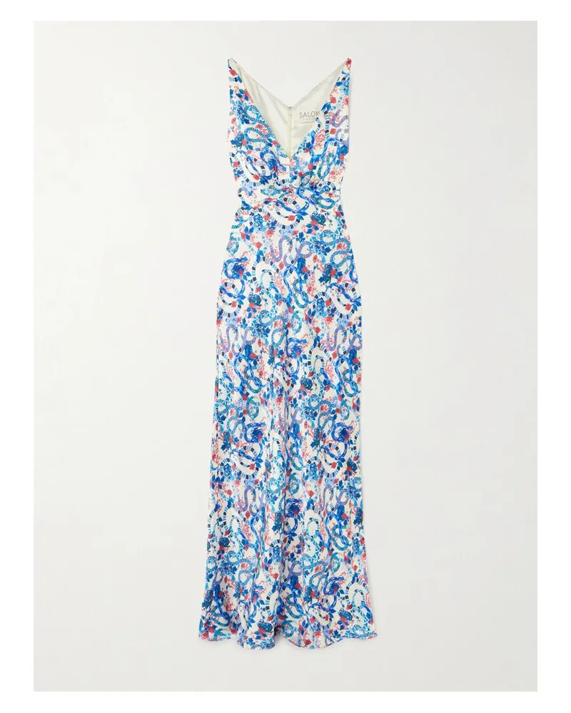 Saloni Wilhelmina Maxikleid Aus Bedrucktem Seidensatin - Blau Blau