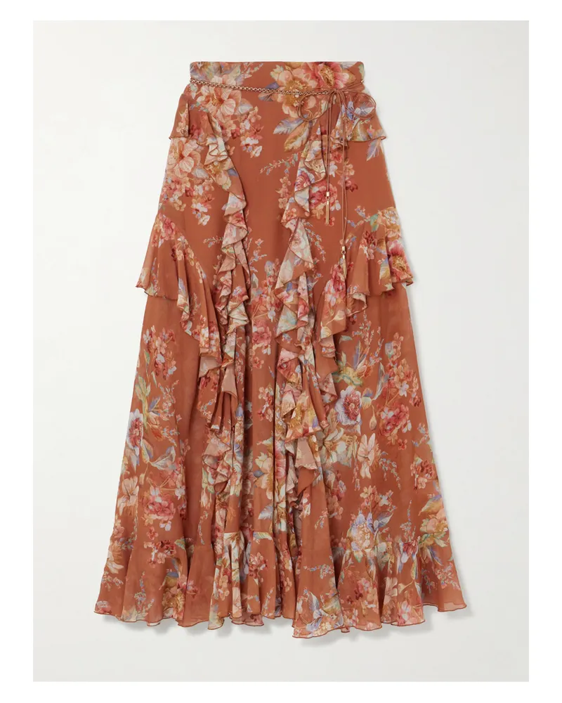 Zimmermann Awaken Maxirock Aus Crêpe De Chine Aus Einer Baumwoll-seidenmischung Mit Blumenprint, Volants Und Bindegürtel - Braun Braun