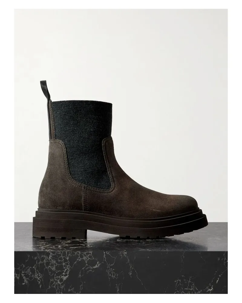 Brunello Cucinelli Chelsea Boots Aus Veloursleder Mit Strickbesätzen Und Zierperlen - Braun Braun
