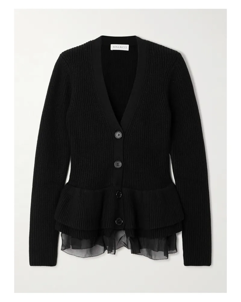 Nina Ricci Cardigan Aus Wolle In Rippstrick Mit Rüschen Und Besatz Aus Seidenchiffon - Schwarz Schwarz