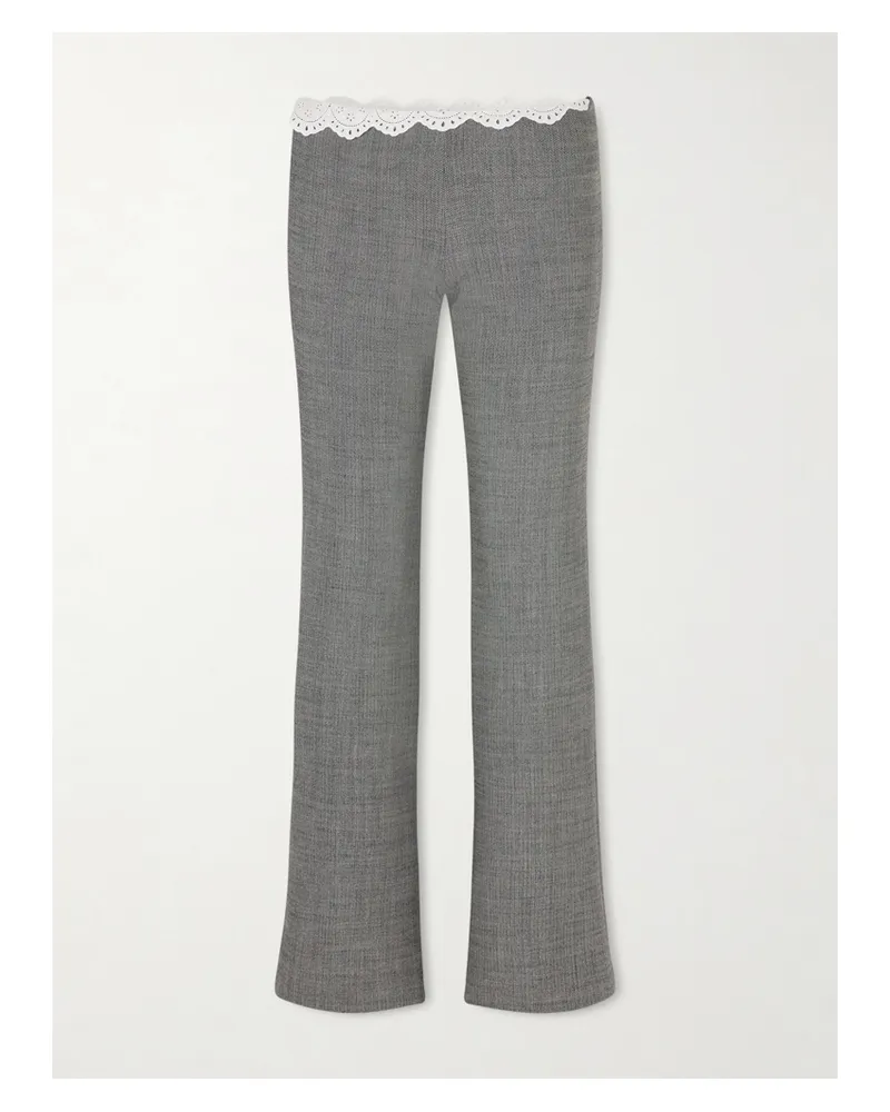 Magda Butrym Broderie Anglaise-trimmed Herringbone Stretch-wool Flared Pants - Gray Gray