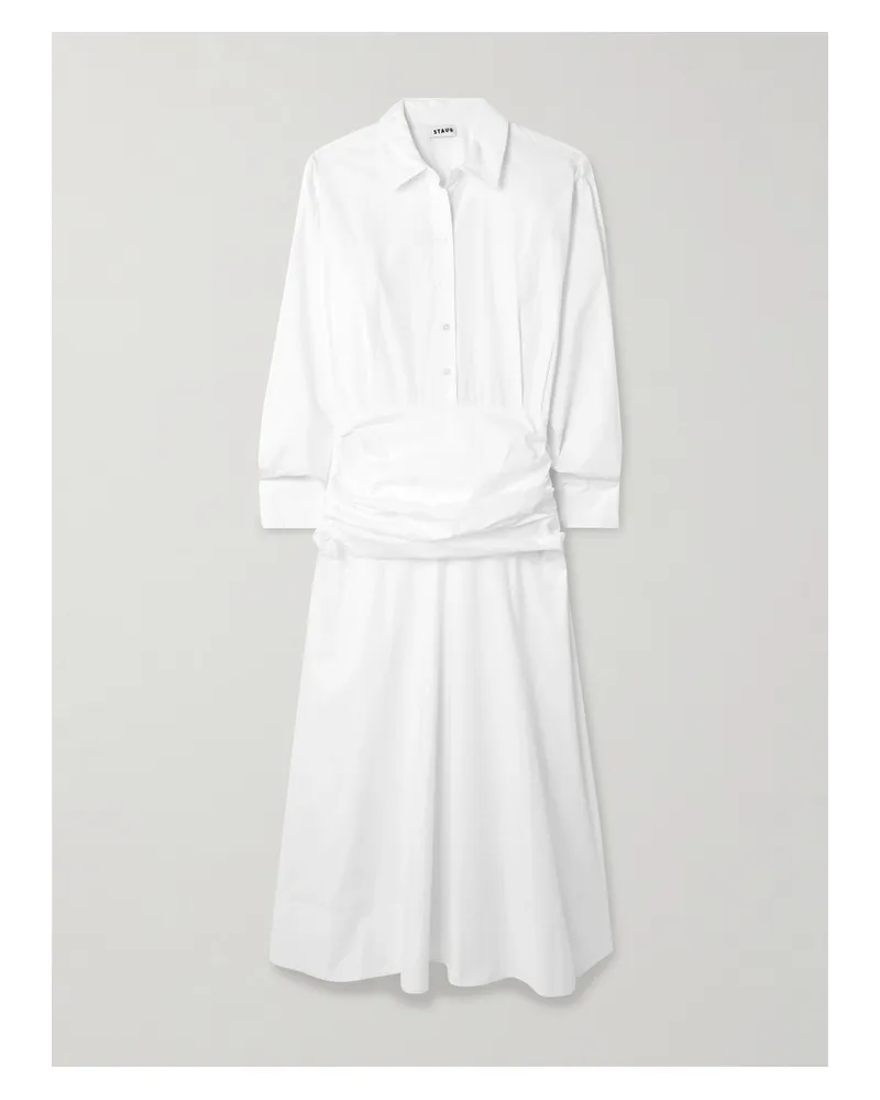 STAUD Indya Gathered Cotton-blend Poplin Midi Shirt Dress - White White