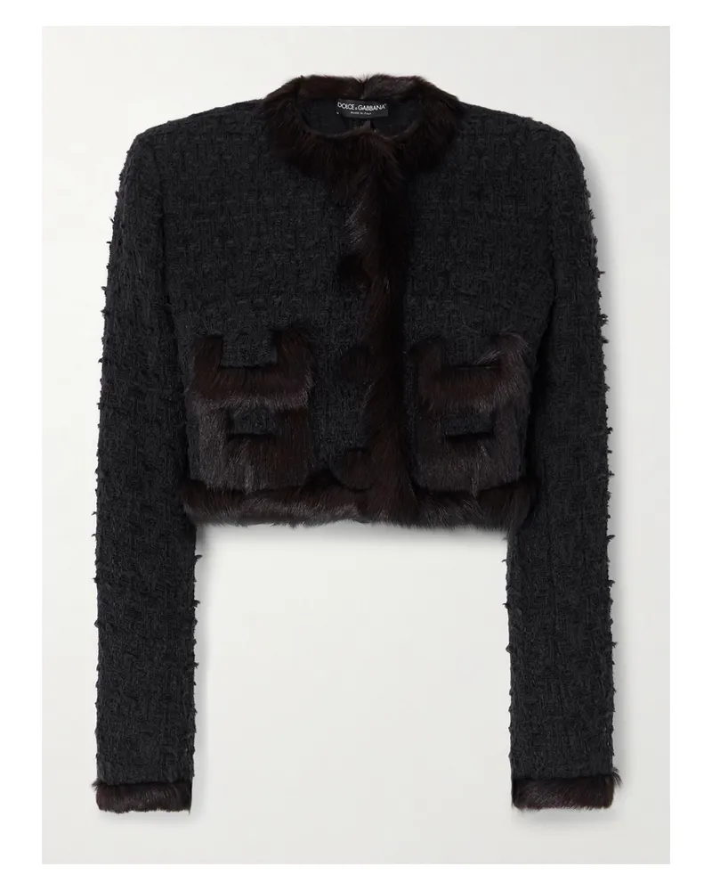 Dolce & Gabbana Verkürzte Jacke Aus Tweed Aus Einer Baumwollmischung Mit Shearling-besätzen - Schwarz Schwarz