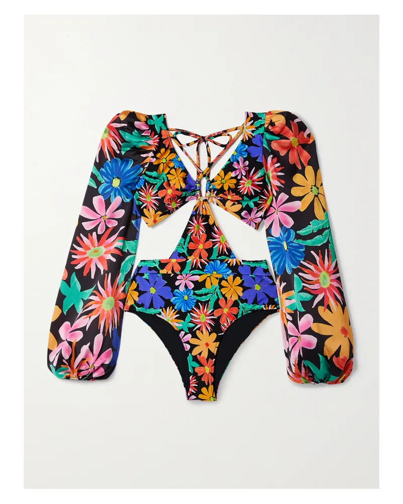 Pat Bo Aster Badeanzug Mit Einsätzen Aus Crêpe De Chine, Blumenprint Und Cut-outs - Schwarz Schwarz