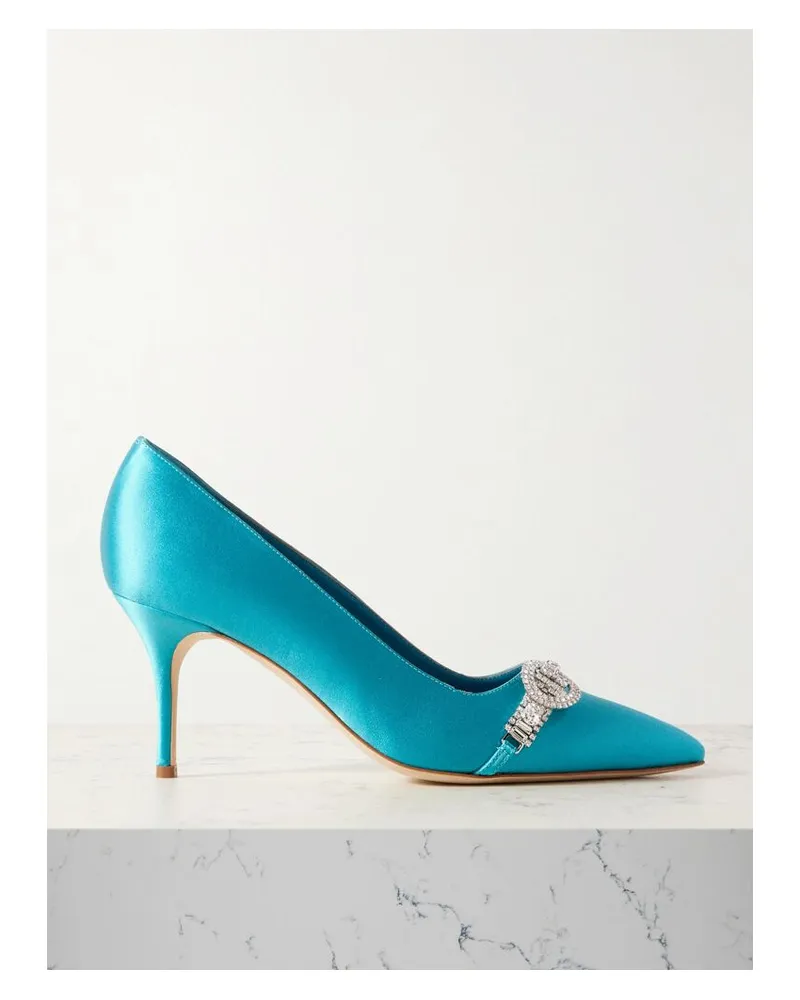 Manolo Blahnik Asapump 70 Pumps Mit Spitzer Kappe Aus Satin Mit Kristallen - Blau Blau