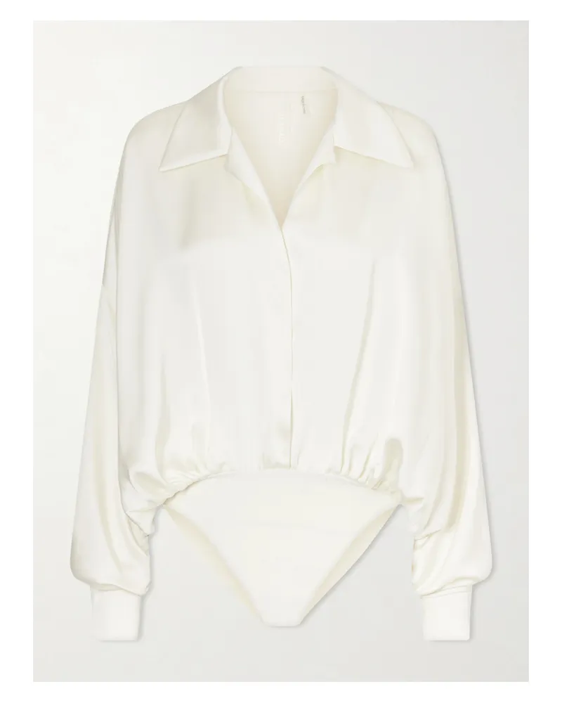 Norma Kamali Boyfriend Shirt Satin Bodysuit - White White