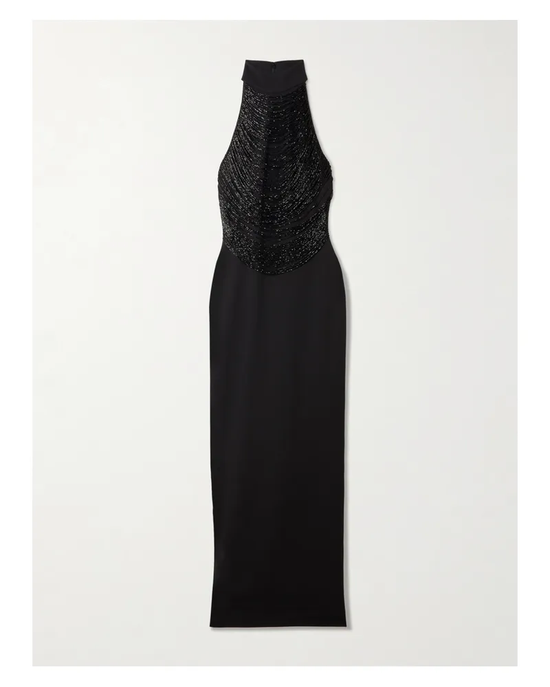 Solace London Portia Bead-embellished Stretch-crepe Halterneck Gown - Black Black