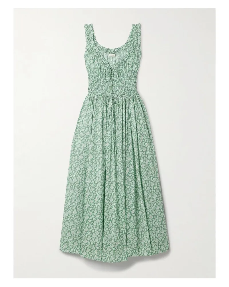 DÔEN Emmaretta Midikleid Aus Biobaumwoll-voile Mit Blumenprint, Raffungen Und Bändern - Grün Grün