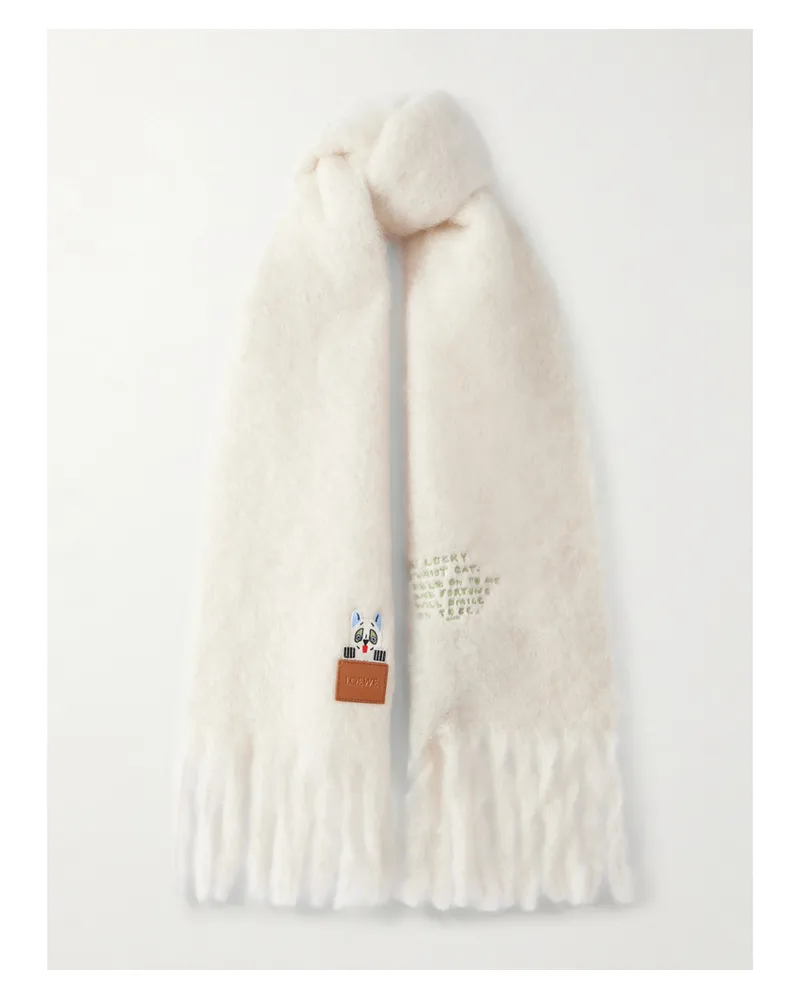 Loewe Schal Aus Einer Mohairmischung Mit Fransen, Stickerei Und Applikation - Weiß Weiß