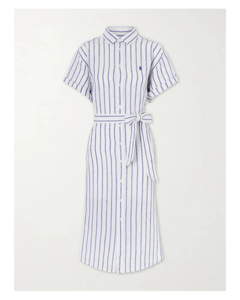 Ralph Lauren Belted Striped Linen Midi Dress - Blue Blue